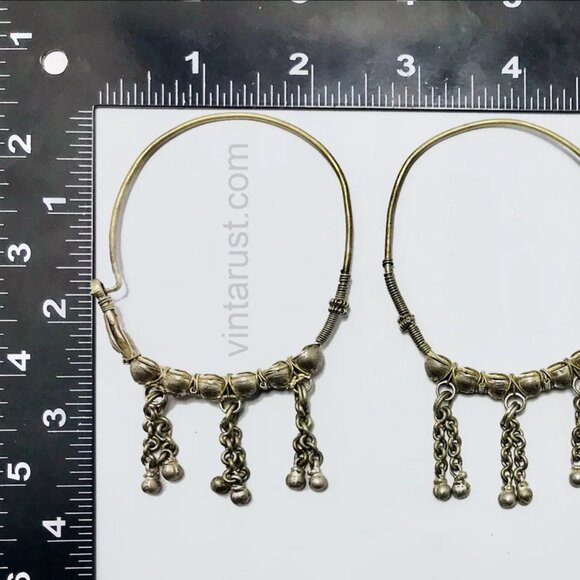 Big Vintage Hoop Earrings With Bells, Tribal Antique Boho Jewelry - Picture 6 of 7